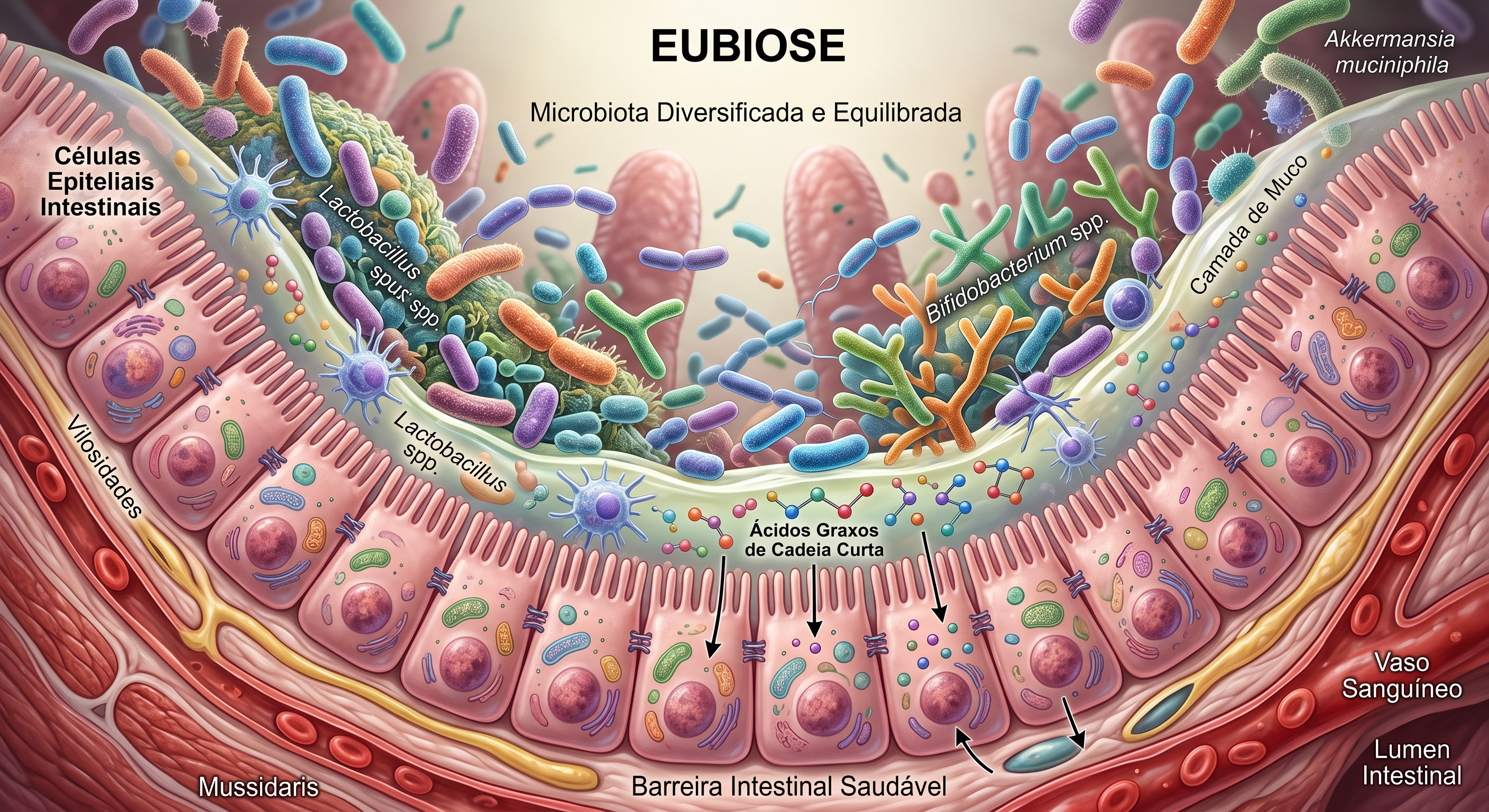 Ilustração do microecossistema intestinal e eubiose
